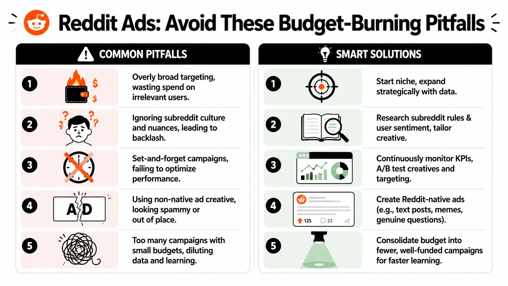 An infographic titled Reddit Ads: Avoid These Budget-Burning Pitfalls, comparing common advertising mistakes with smart strategic solutions.