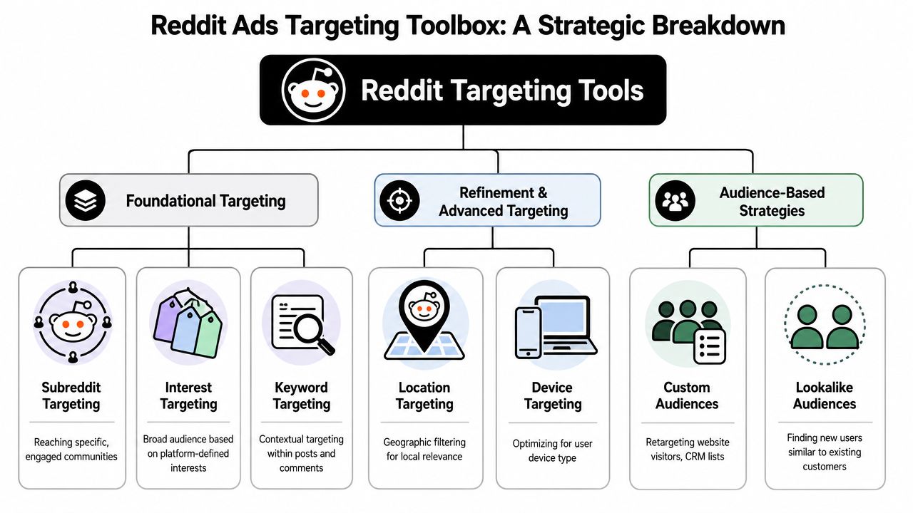 A diagram illustrating the Reddit Ads targeting toolbox, categorizing tools into foundational, refinement, and audience-based strategies.