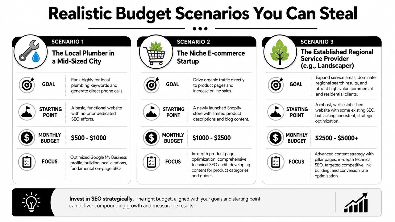 A table outlining three different realistic SEO budget scenarios for small businesses based on specific company goals.