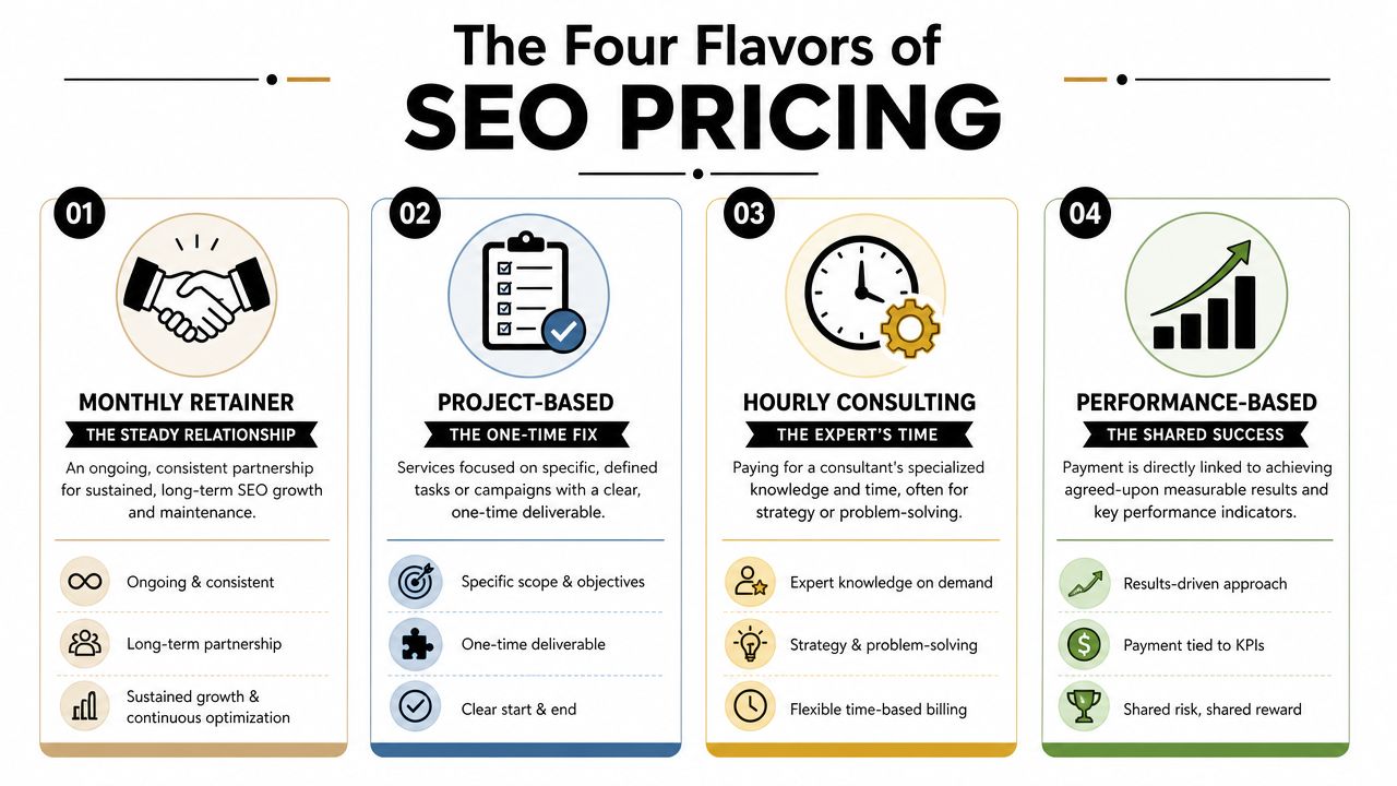 An infographic illustrating four different SEO pricing models including monthly retainer, project-based, hourly consulting, and performance-based.
