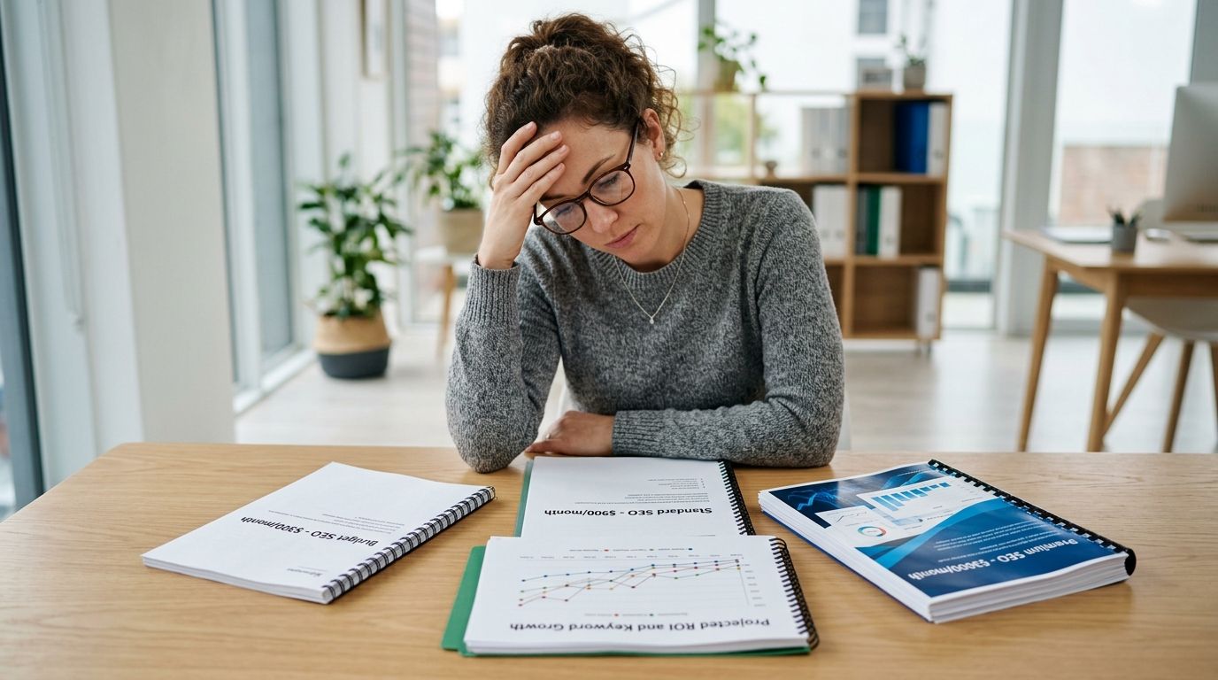 A woman looks stressed while reviewing SEO service pricing plans and growth charts at her office desk.