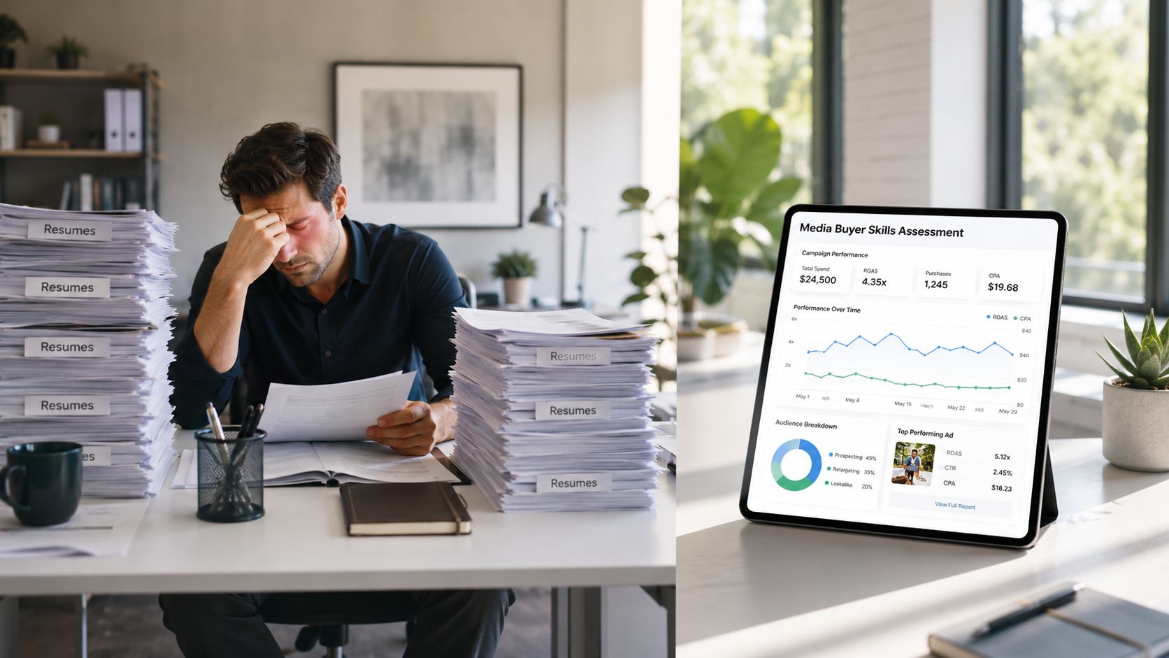 A stressed man reviewing piles of resumes compared to a tablet showing clear marketing performance analytics.