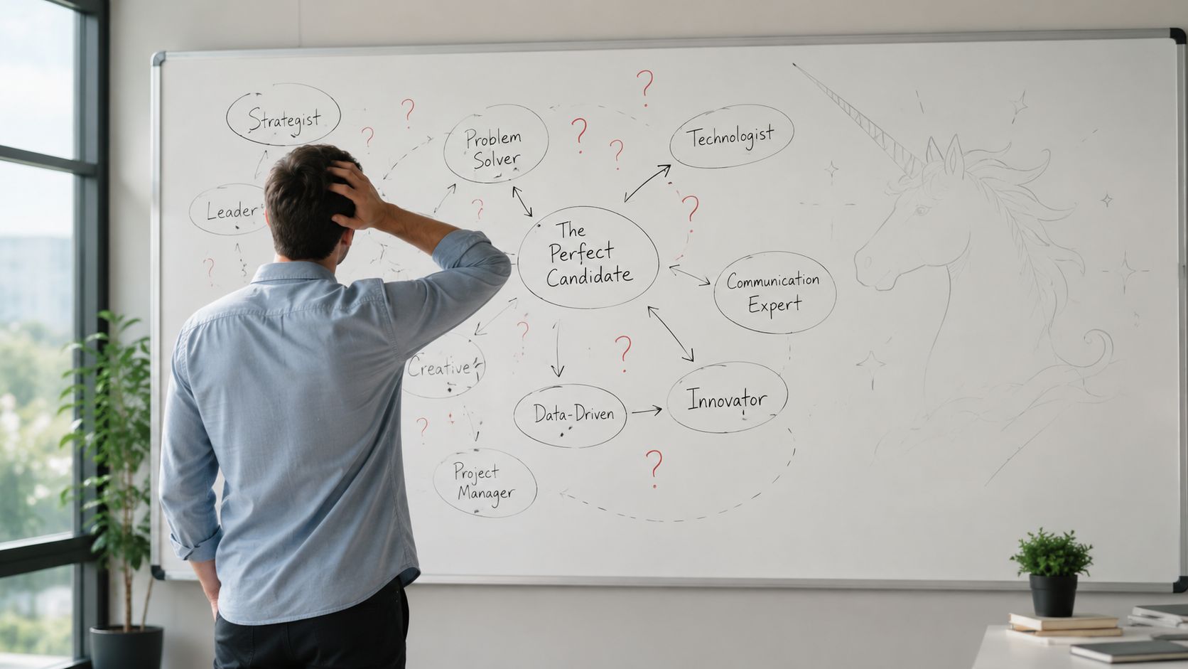 A professional man standing in front of a whiteboard brainstorms skills for the perfect job candidate.