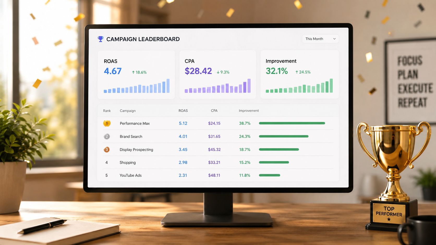 A computer monitor displaying a campaign leaderboard dashboard with marketing performance metrics on a wooden desk.