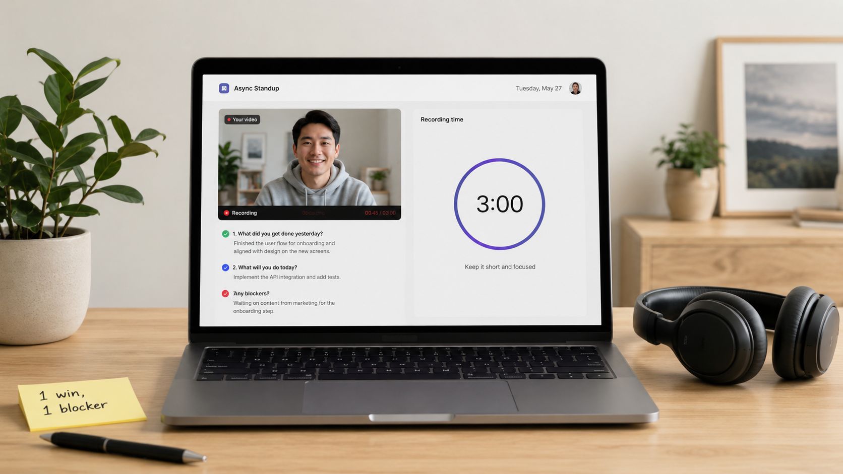 A professional laptop on a desk showing an async standup meeting application with a recorded video interface.