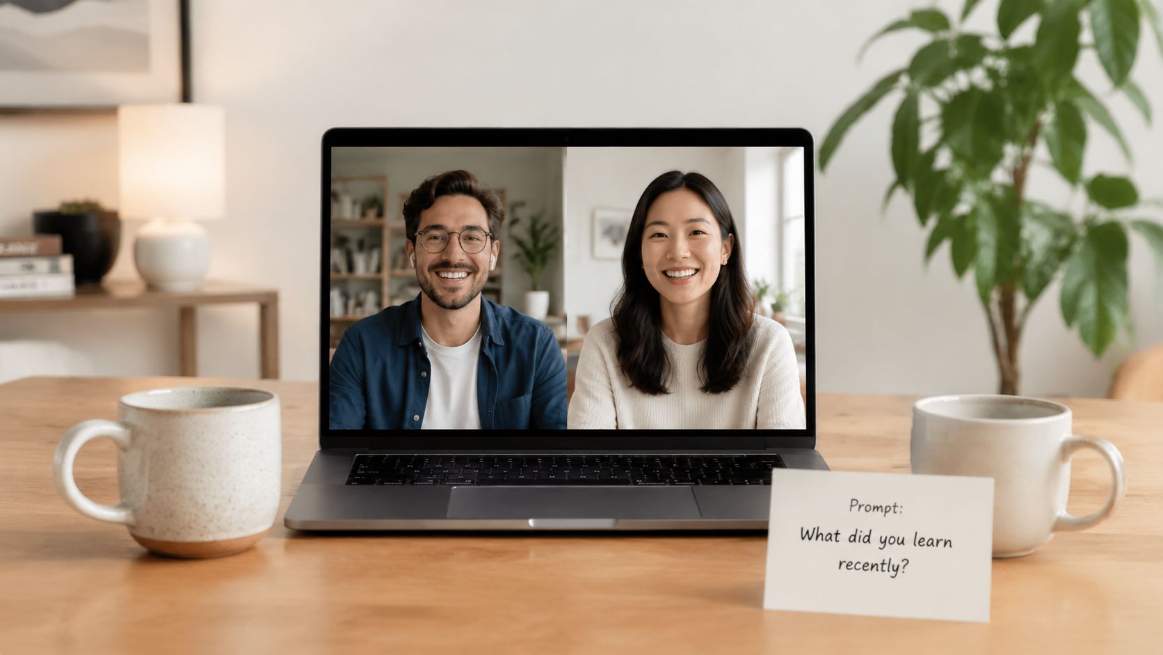 A laptop on a wooden desk showing a video call between a smiling man and woman.