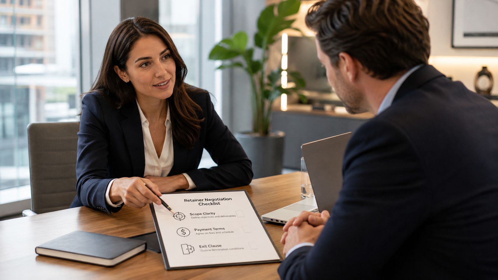 A businesswoman points to a retainer negotiation checklist while meeting with a male client in an office.