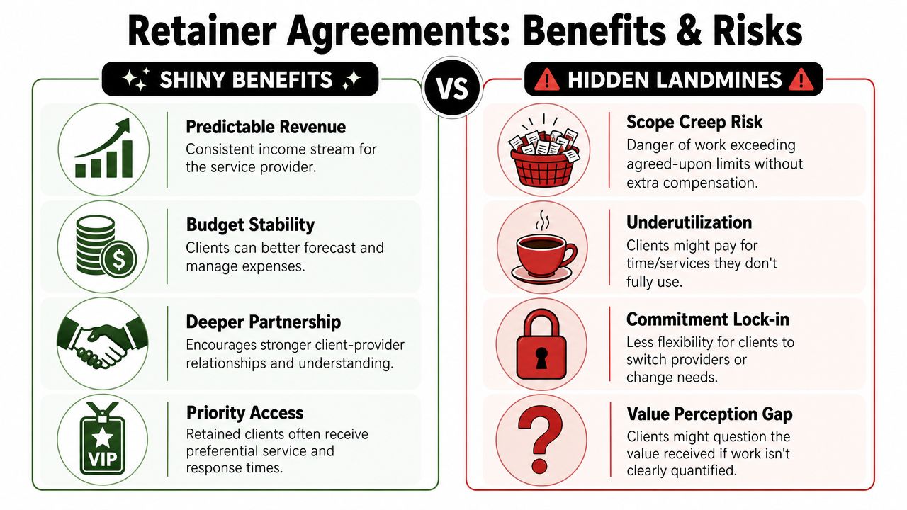 An infographic comparing the primary benefits and hidden risks associated with professional business retainer agreements.