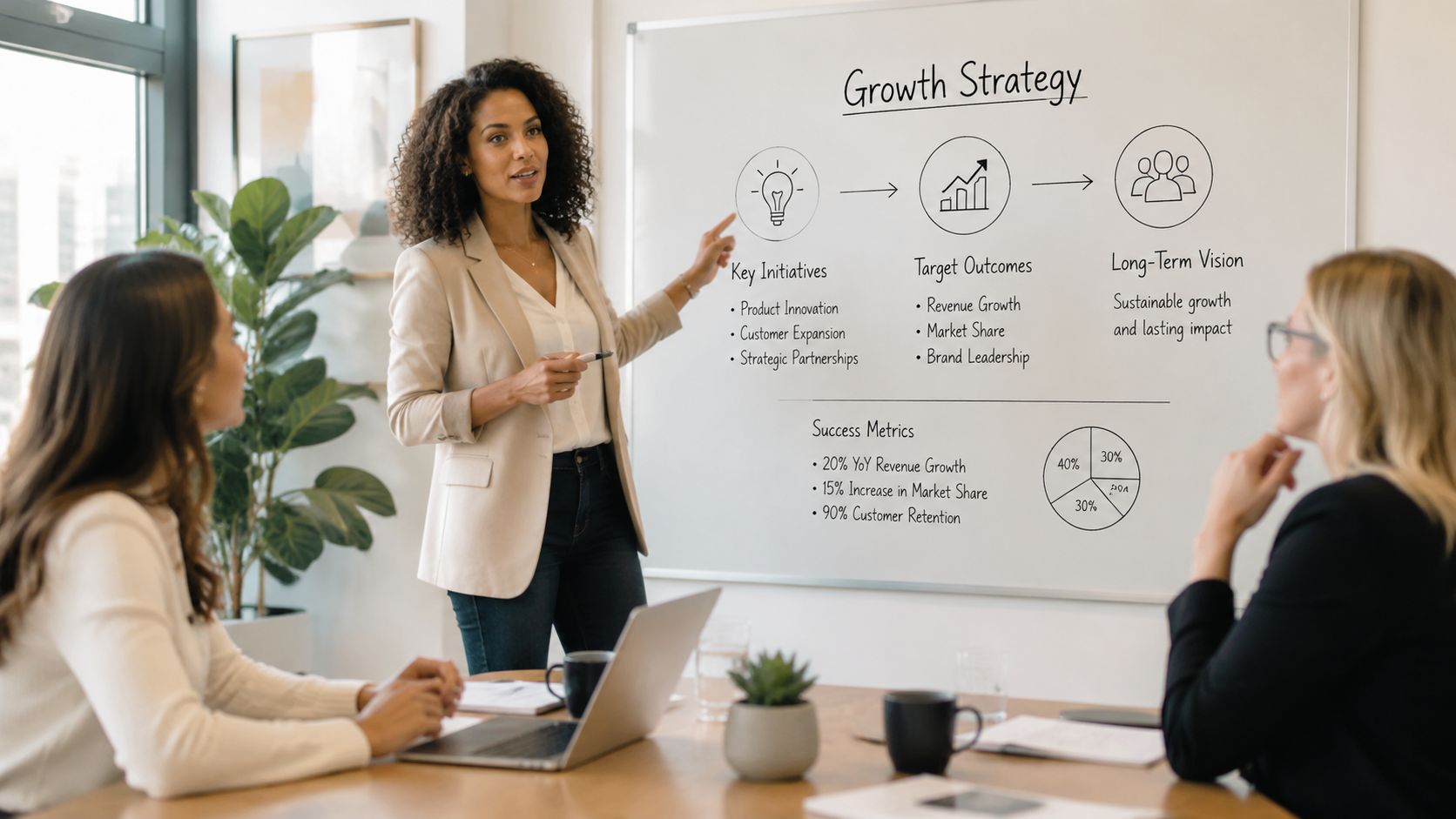 A professional woman presenting a growth strategy chart to colleagues in a modern office meeting room.