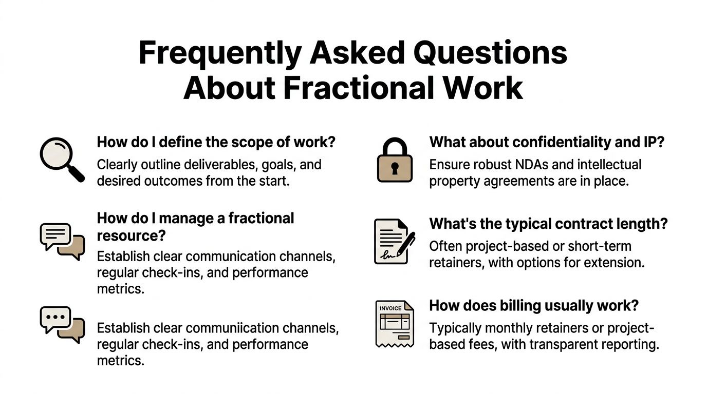 A list of frequently asked questions and answers about managing and hiring fractional workers for business.