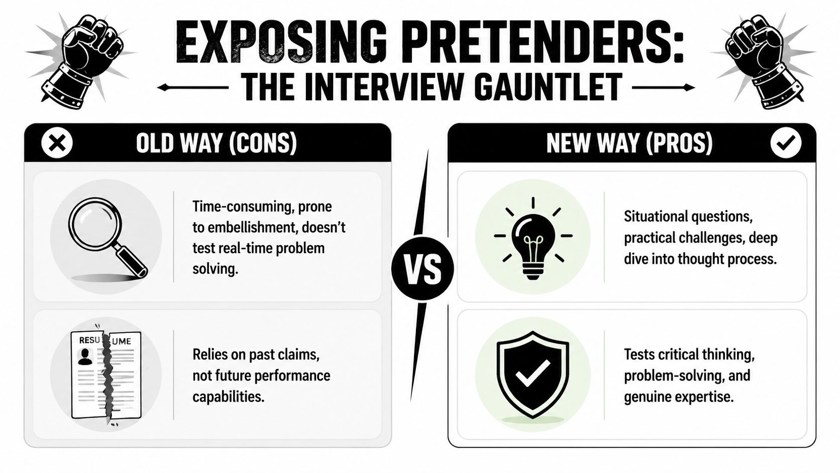 A comparison chart showing the old interview method versus the new, effective way to hire professionals.