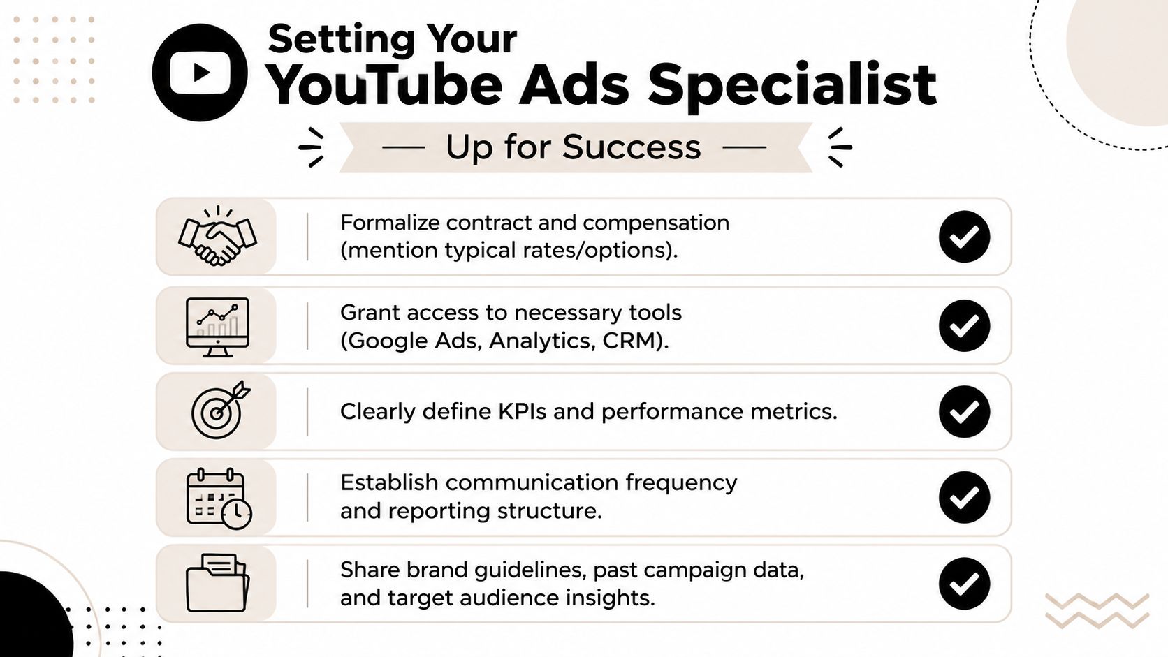 A checklist for businesses on how to effectively onboard and manage a new YouTube ads specialist.