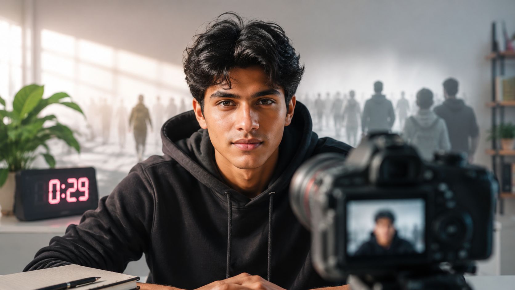 A young man recording a YouTube video in front of a camera to increase watch time.