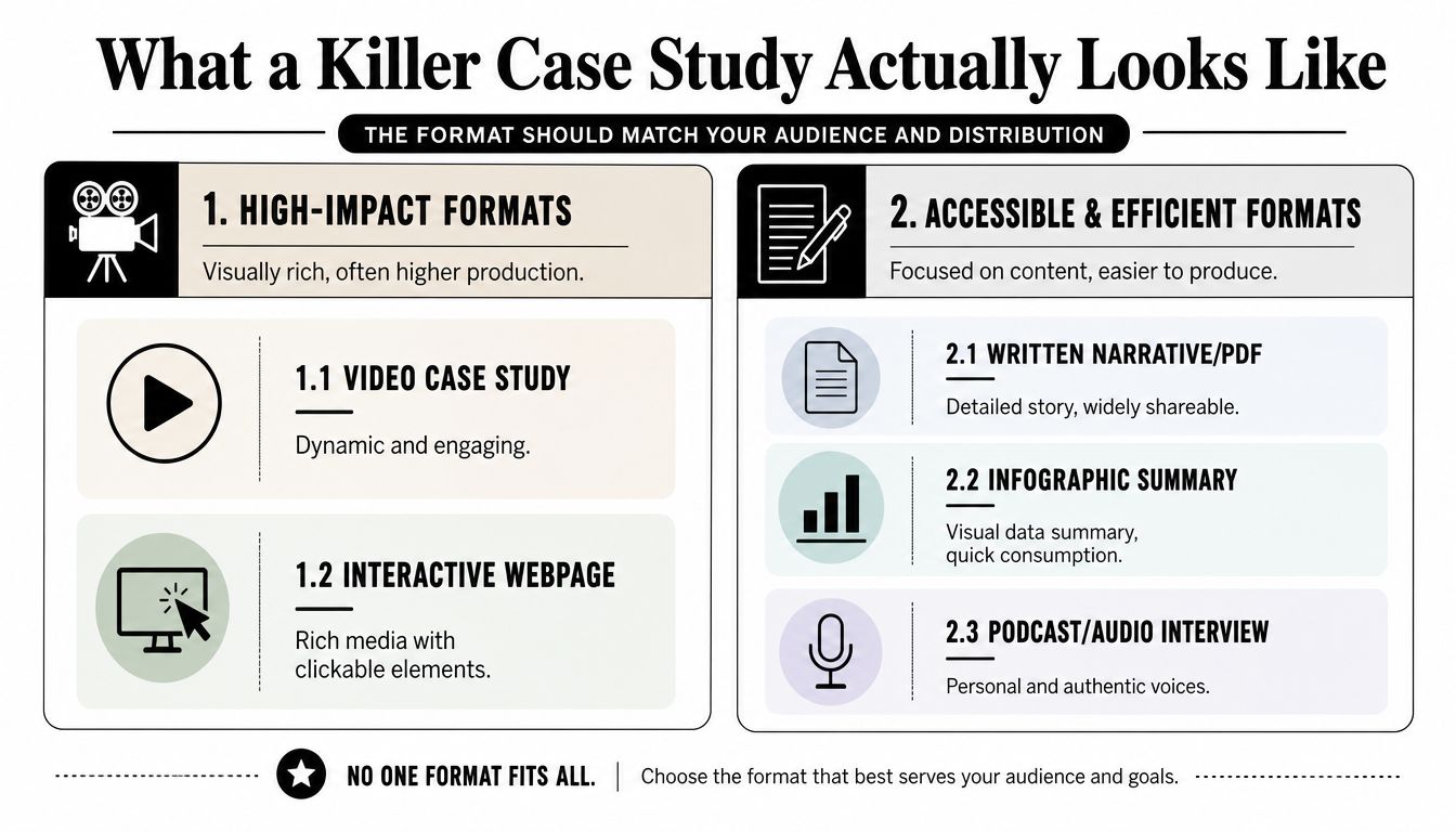 A visual guide illustrating various formats for creating effective case studies, including video, written, and interactive media.