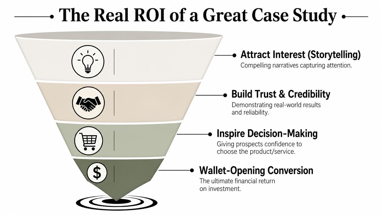 A funnel diagram illustrating the ROI of a case study through four key business stages.