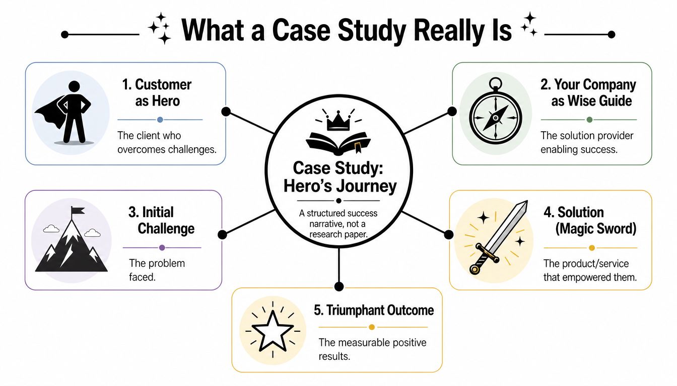 An infographic titled What a Case Study Really Is, illustrating the Hero's Journey framework for business stories.