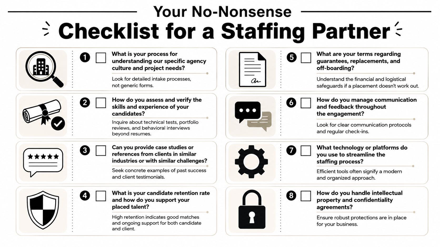 A professional checklist infographic detailing eight key questions to ask a potential staffing agency partner.