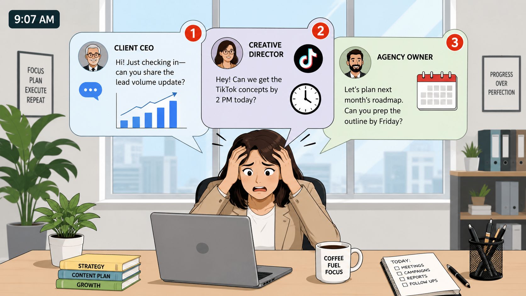 A stressed woman working at her desk while being overwhelmed by messages from different stakeholders and tasks.