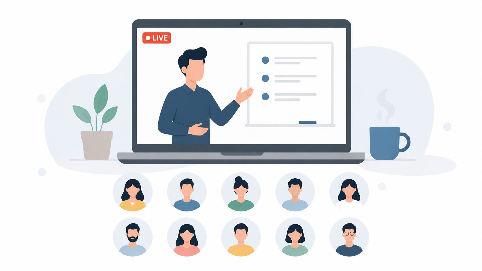 A digital illustration of a live online workshop featuring an instructor presenting to a remote audience.