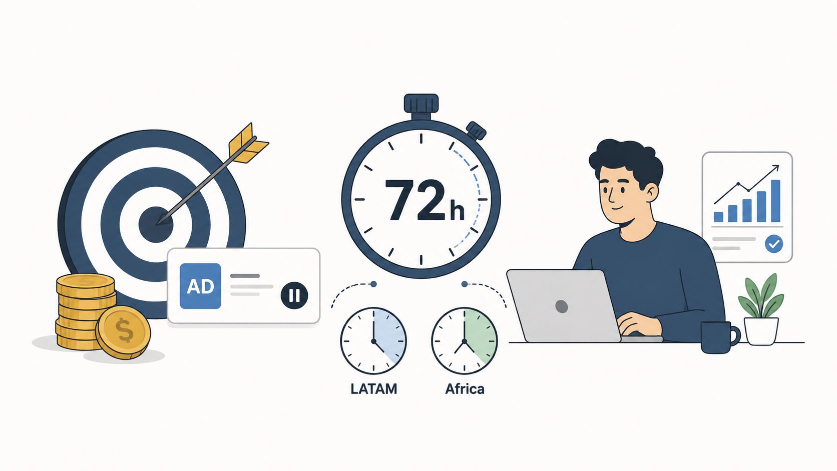 A digital illustration showing a professional working on a strategy to optimize ad performance across time zones.