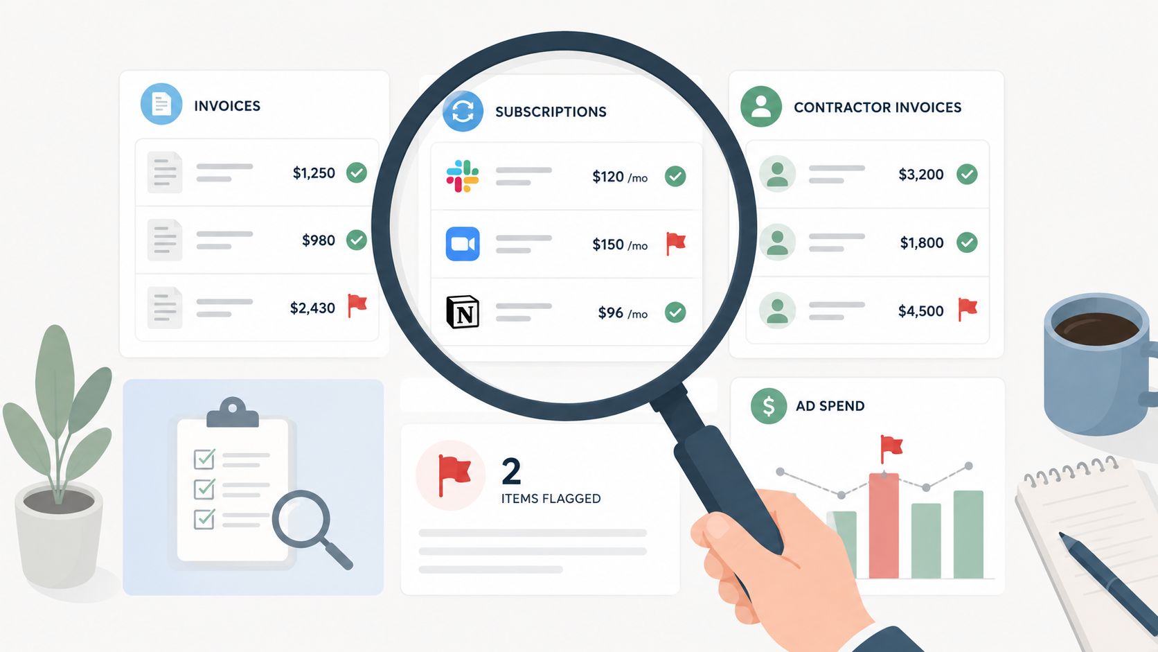 A magnifying glass inspecting financial data, invoices, subscriptions, and business expenses on a digital dashboard interface.