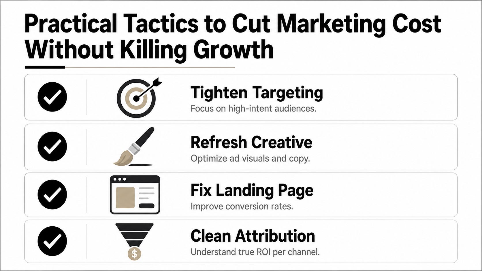 A graphic listing four practical marketing strategies to reduce business costs while maintaining growth.