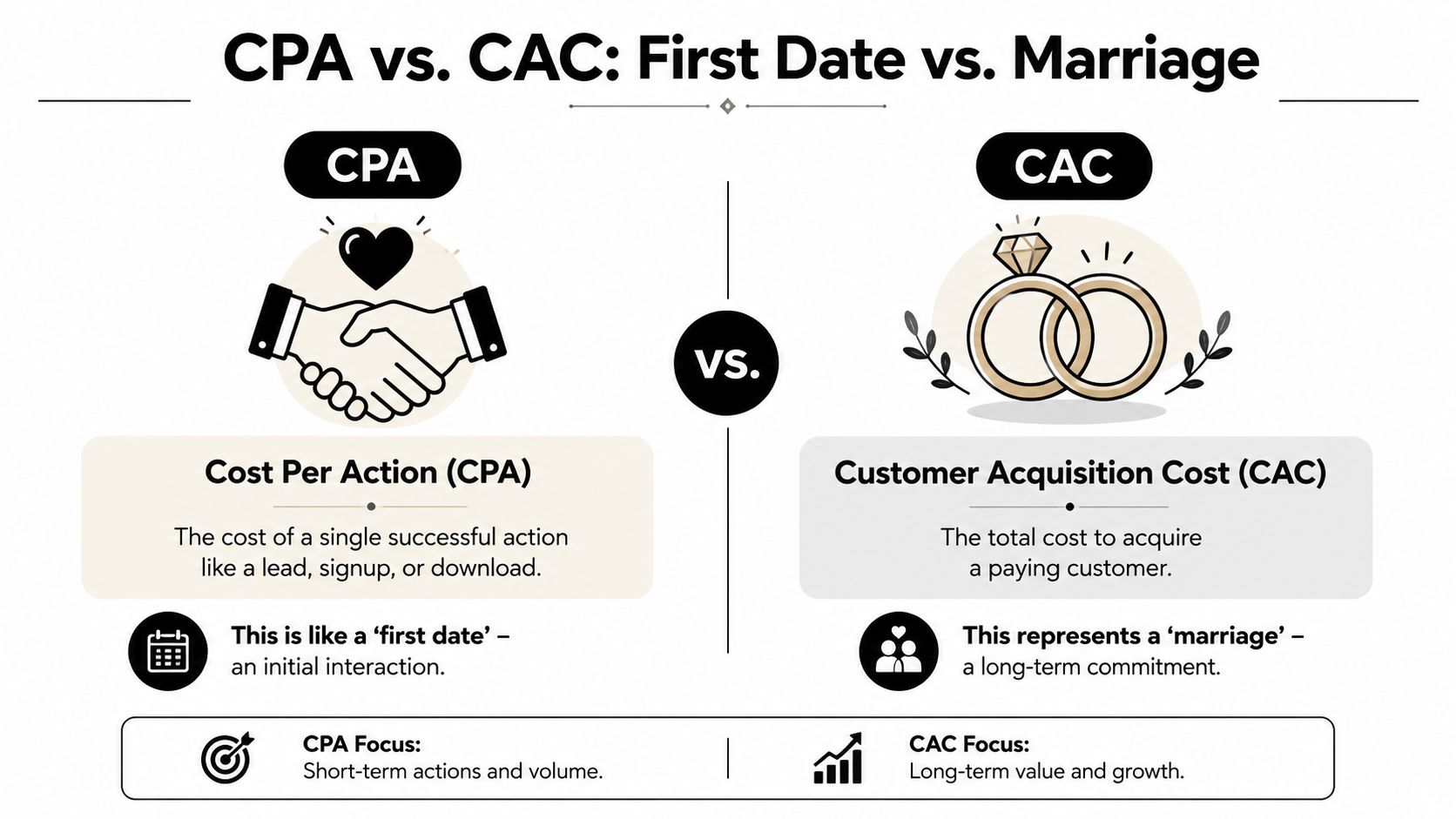 A comparison infographic between Cost Per Action (CPA) and Customer Acquisition Cost (CAC) using relationship metaphors.
