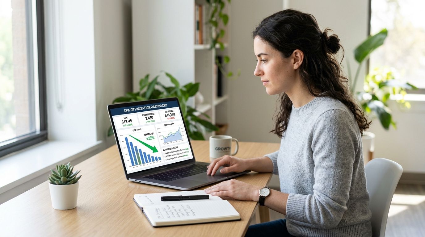 A woman working on a laptop displaying a CPA optimization dashboard in a bright home office.