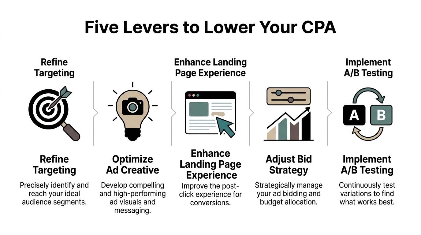 A diagram outlining five key marketing strategies to effectively lower your customer cost per acquisition.