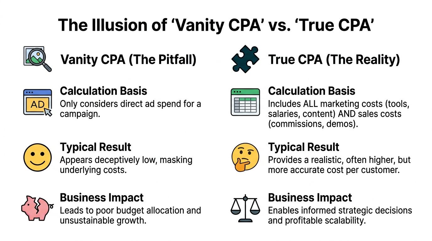 A comparison chart explaining the difference between misleading Vanity CPA and accurate True CPA marketing metrics.