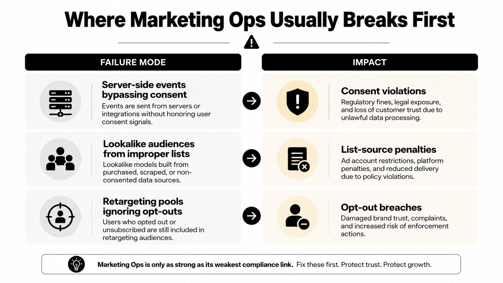A chart illustrating common Marketing Operations failure modes such as consent violations and their negative business impacts.