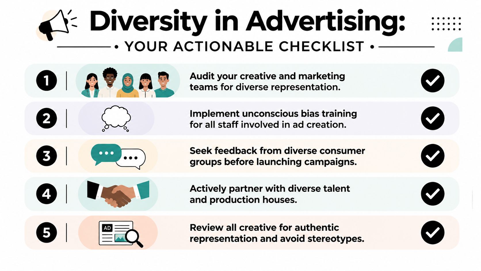An infographic checklist for promoting diversity in advertising with five key actionable steps for marketing teams.