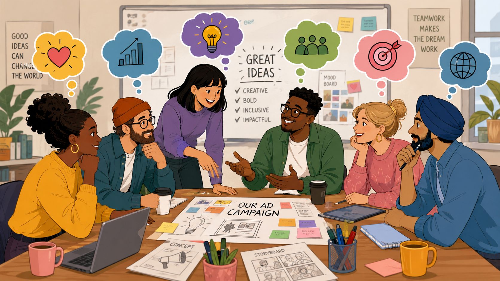 A diverse team of professionals brainstorming together at a table while working on an advertising campaign.