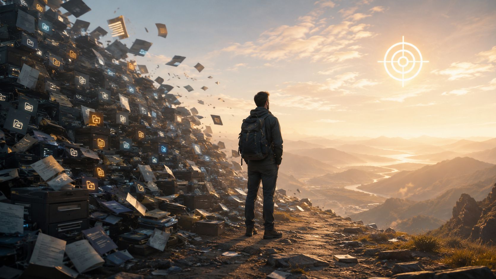 A hiker with a backpack looking towards a glowing target symbol above a mountainous landscape.