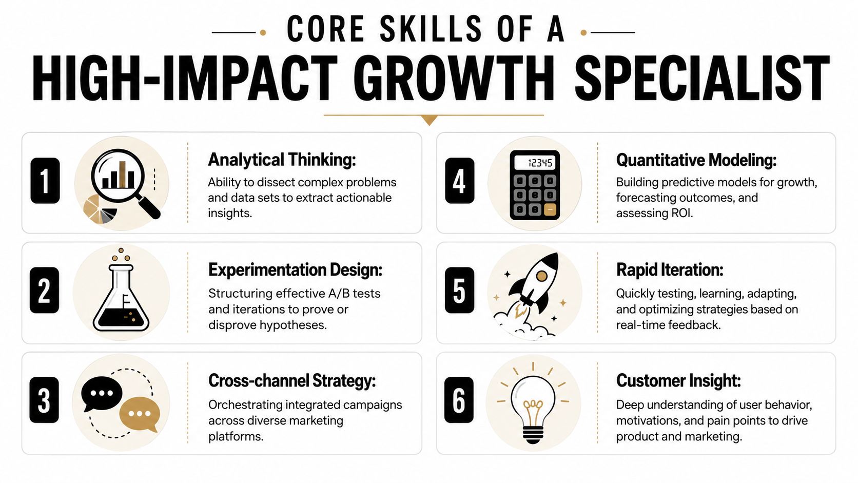 An infographic titled Core Skills of a High-Impact Growth Specialist listing six essential professional capabilities.