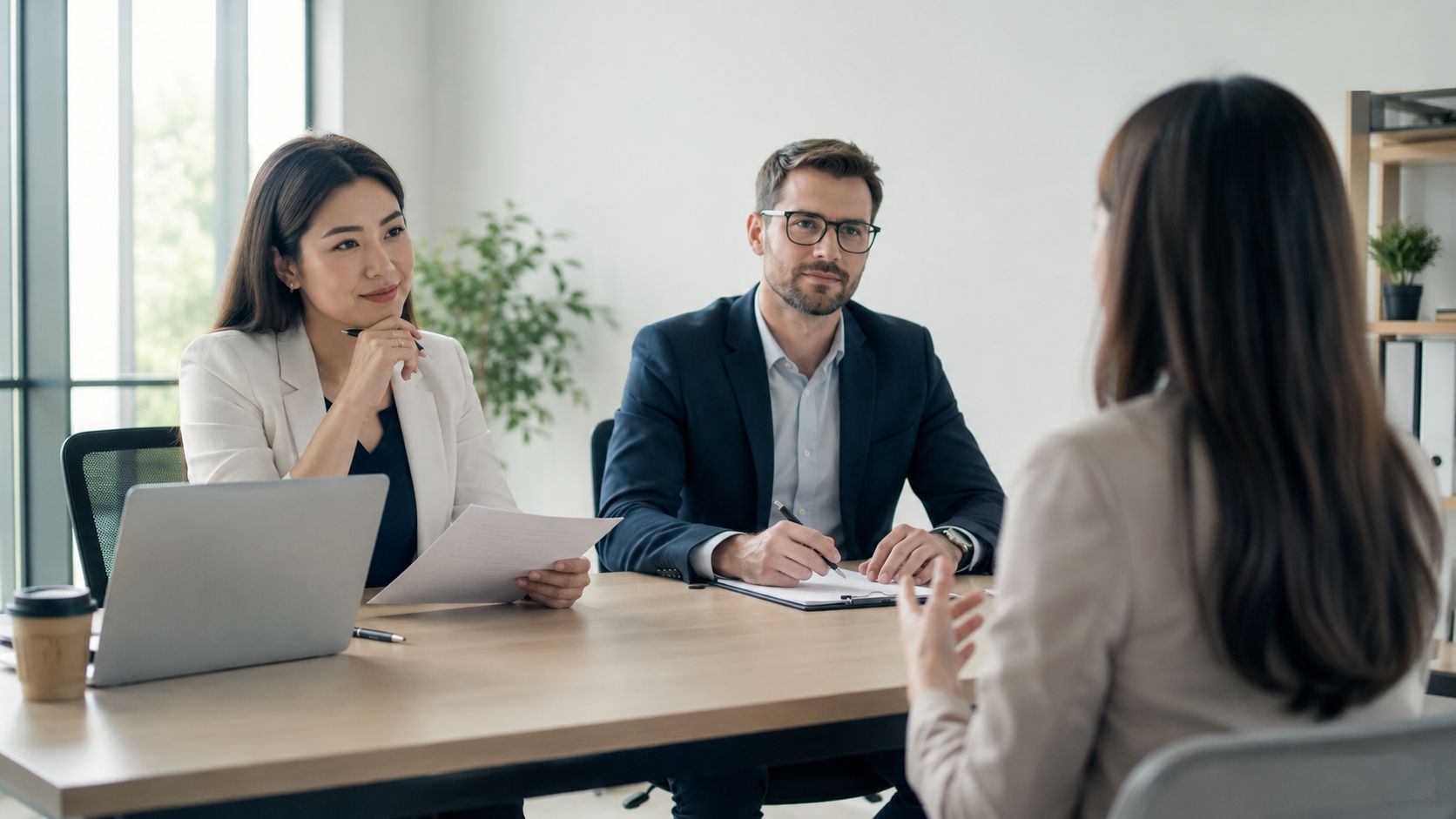 A professional panel of two interviewers holding a job interview with a candidate in an office.