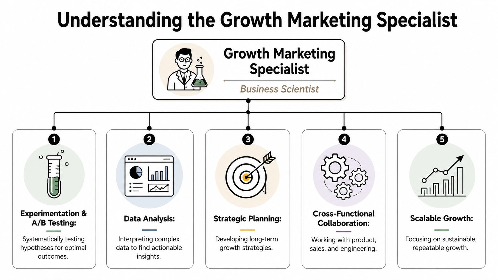 A diagram explaining the roles and responsibilities of a growth marketing specialist as a business scientist.