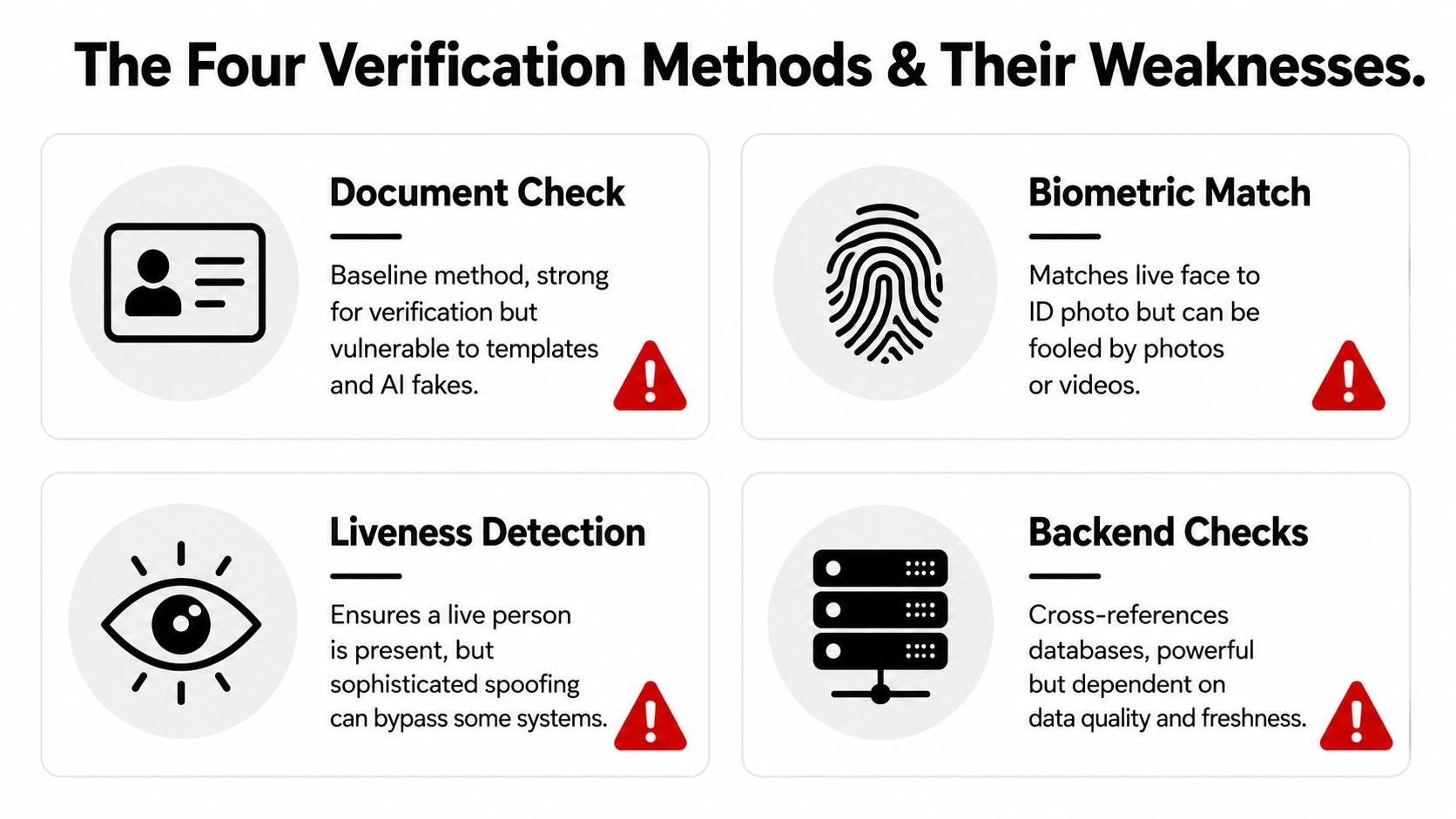 An infographic titled The Four Verification Methods and Their Weaknesses, illustrating identity security processes and vulnerabilities.