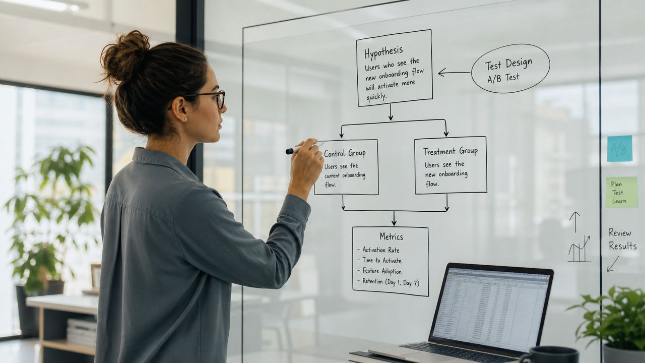 A professional woman writing an A/B test diagram about user onboarding flow on a glass board.