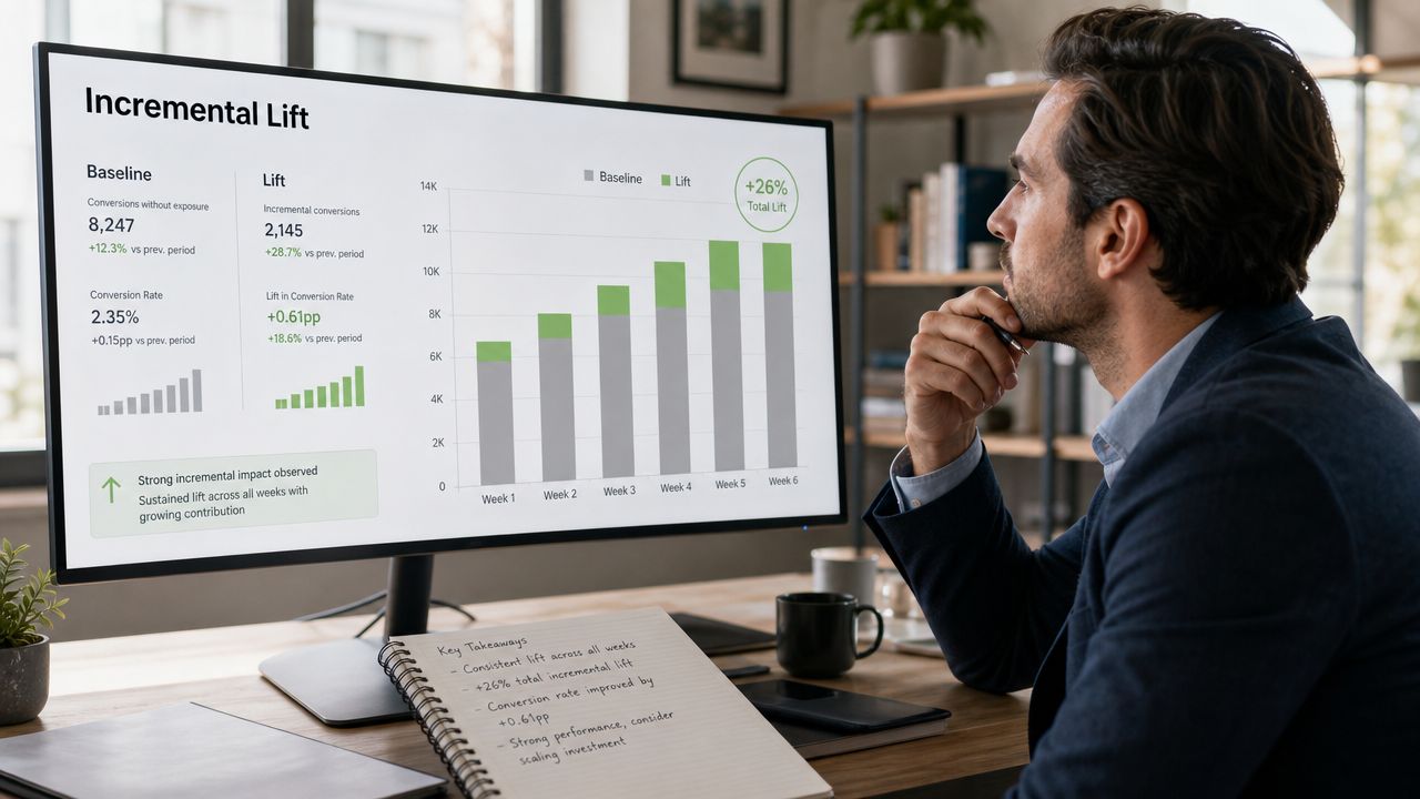 A professional man reviewing incremental lift data and performance analytics on his computer monitor in an office.