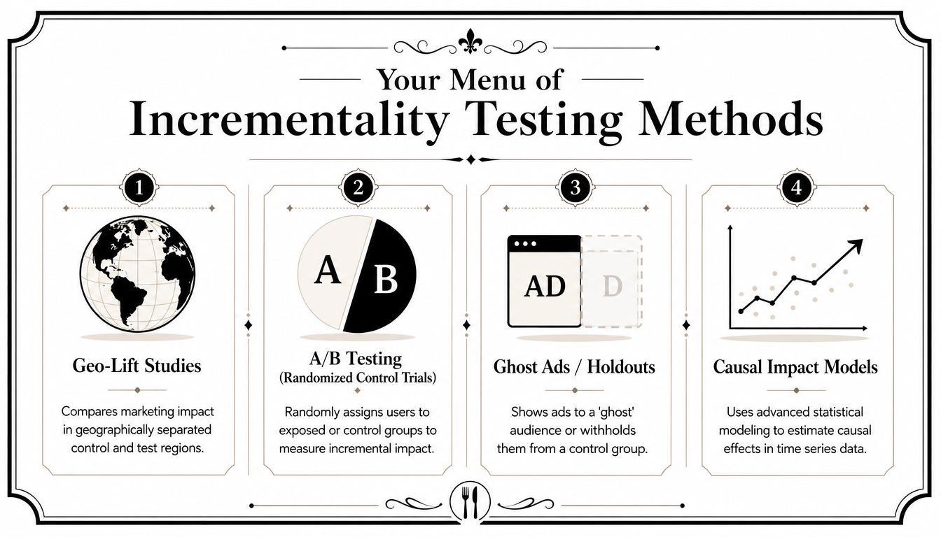 An infographic titled Your Menu of Incrementality Testing Methods displaying four distinct marketing measurement techniques.