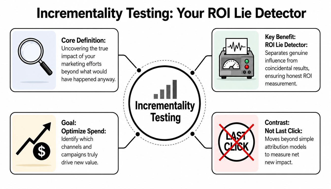 An infographic titled Incrementality Testing explaining its definition, key benefits, optimization goals, and contrast to last click.
