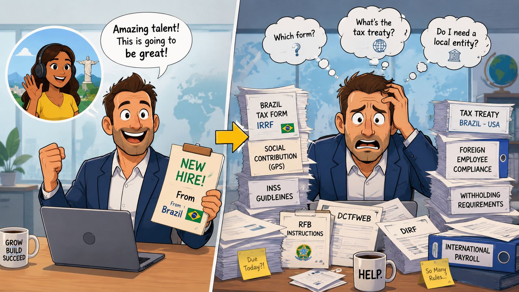 A business owner feeling overwhelmed by complex international payroll compliance and paperwork after hiring a new Brazilian employee.