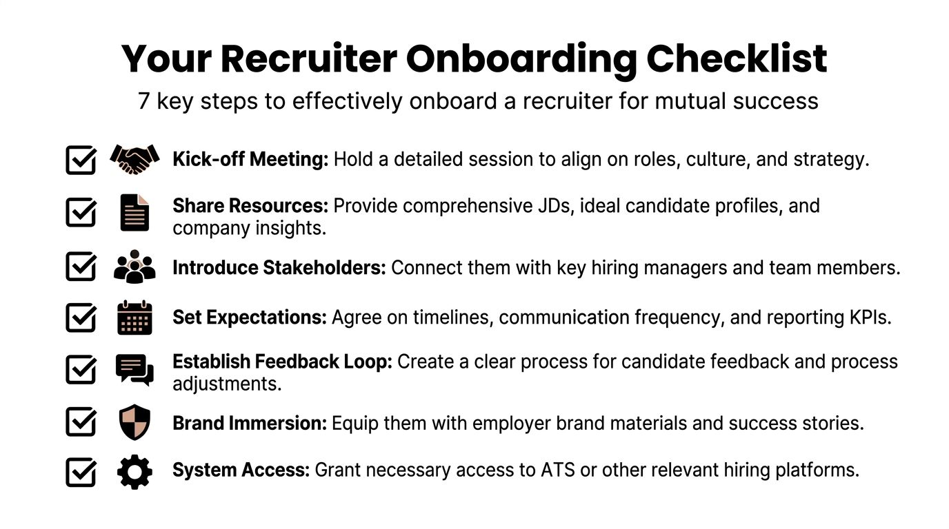 A checklist infographic outlining seven essential steps for effectively onboarding a new recruiter to a team.