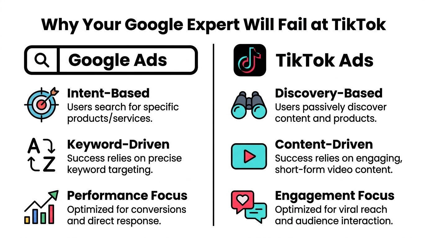 A comparison infographic showing the key differences between Google Ads and TikTok Ads for marketing professionals.