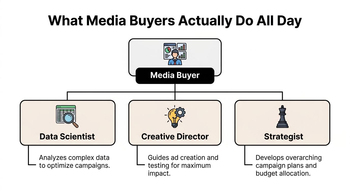 A diagram illustrating that a media buyer functions as a data scientist, creative director, and strategist.
