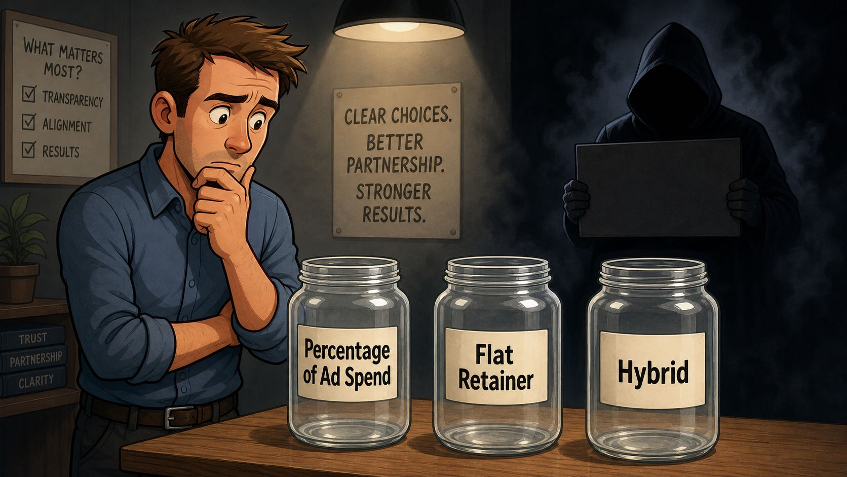 A man choosing between three compensation models for media buyer companies represented by glass jars on a table.