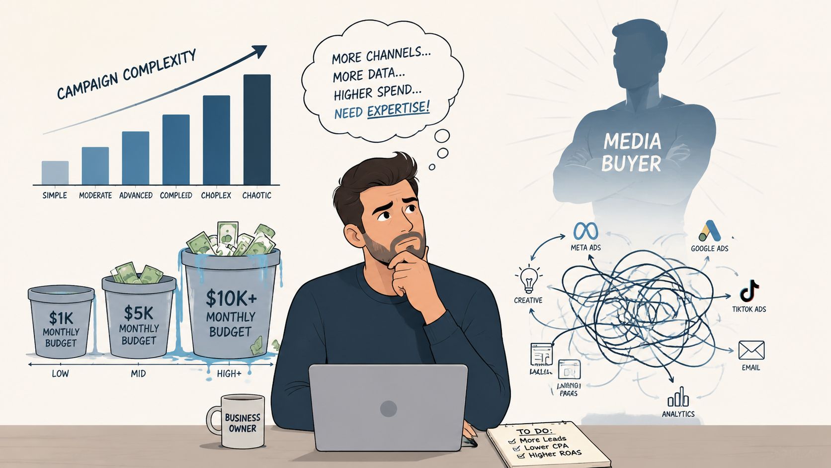 A business owner at a laptop overwhelmed by media buying complexity, campaign budgets, and multi-channel marketing strategies.