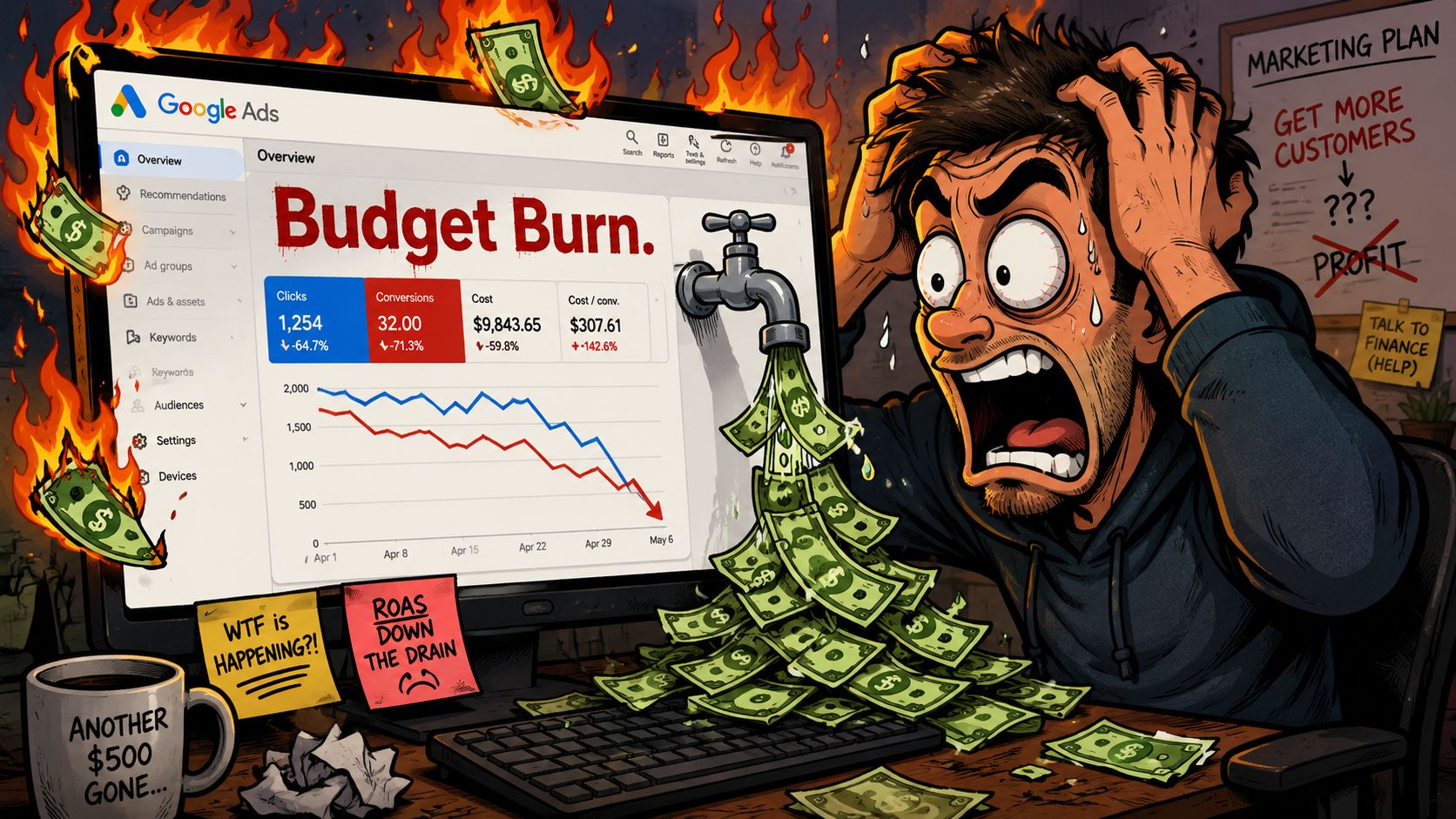 A panicked man watching his Google Ads budget burn away as digital money pours from a screen tap.