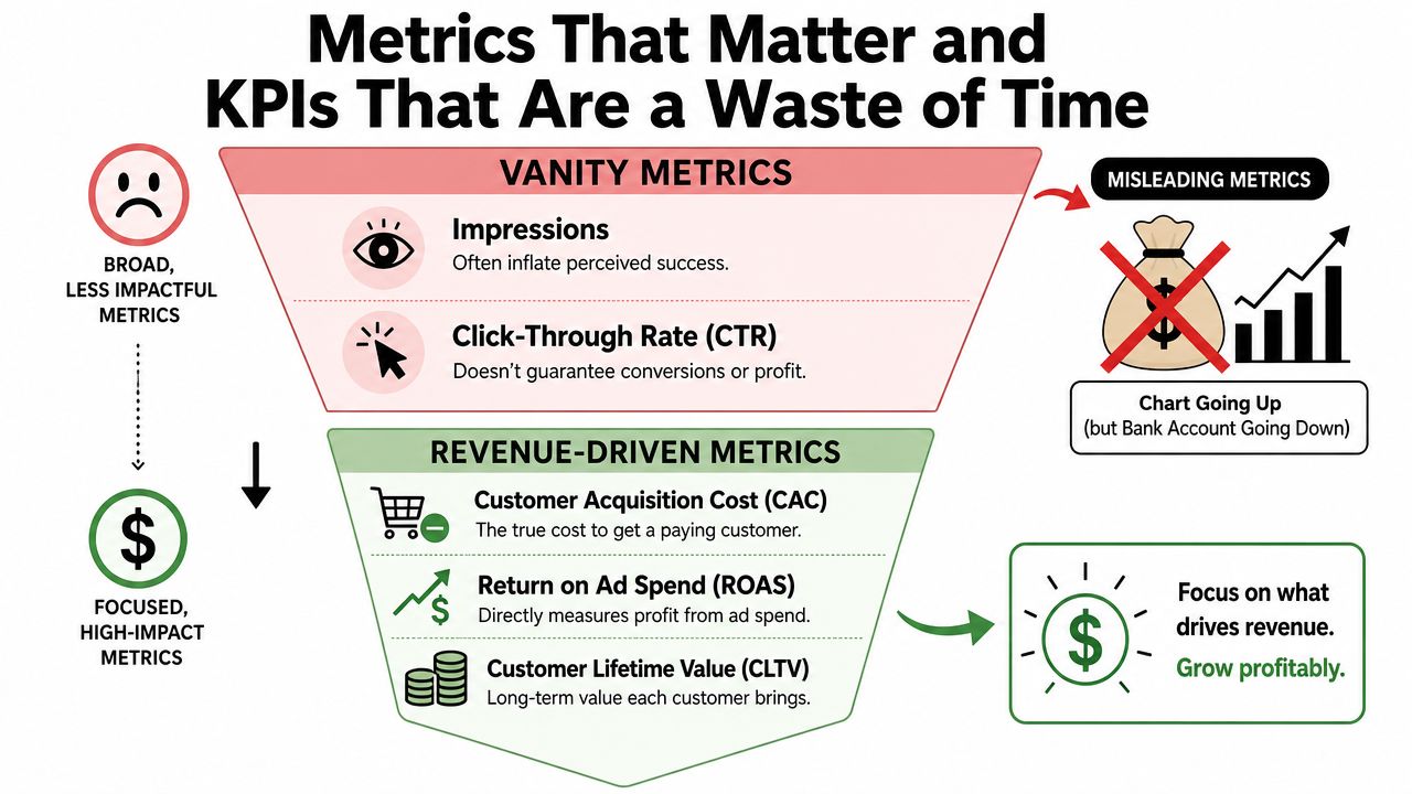 A funnel diagram contrasting vanity metrics like impressions and CTR with revenue-driven metrics like CAC and ROAS.